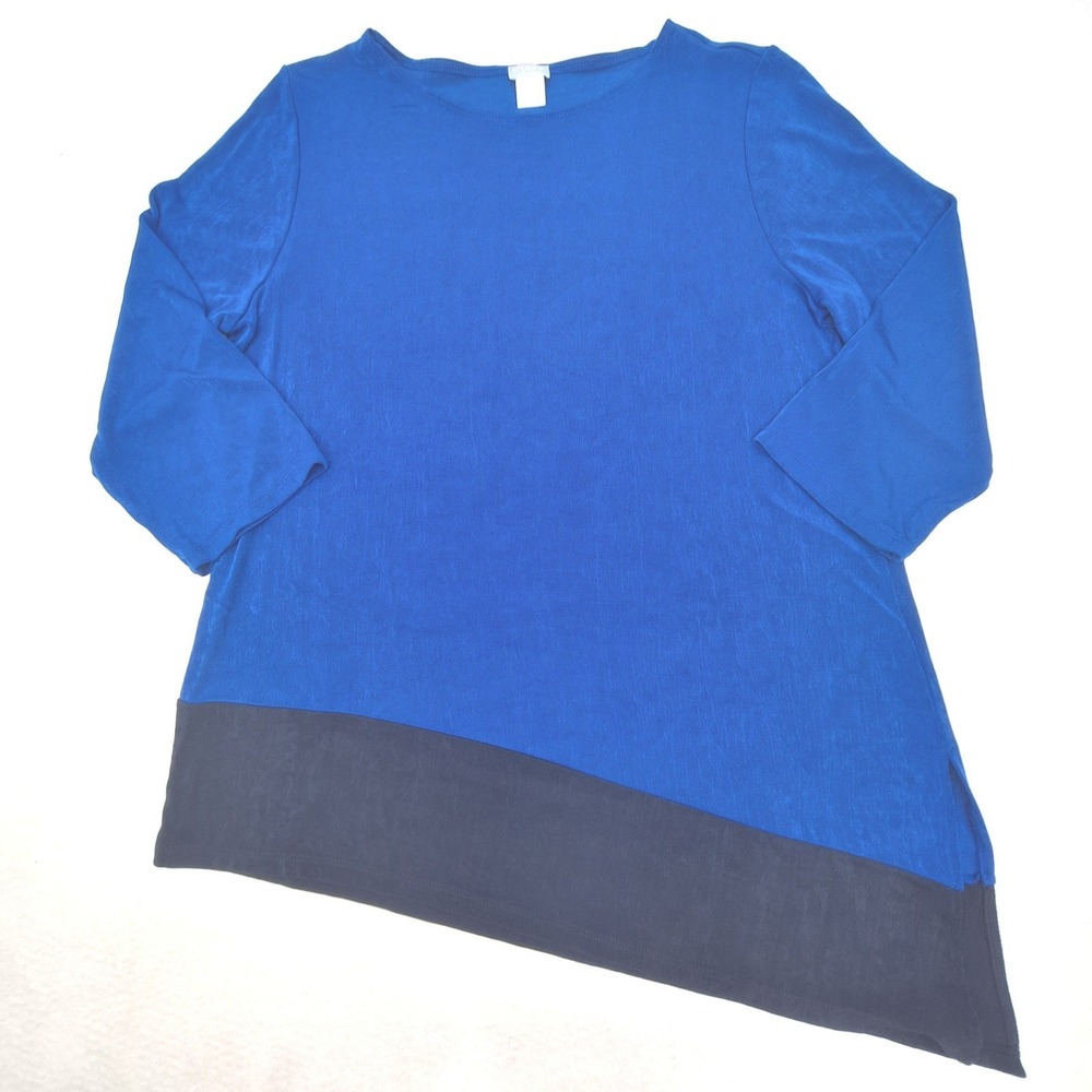Chicos Travelers Tunic Womens Large Blue Colorblock Stretch Asymmetrical